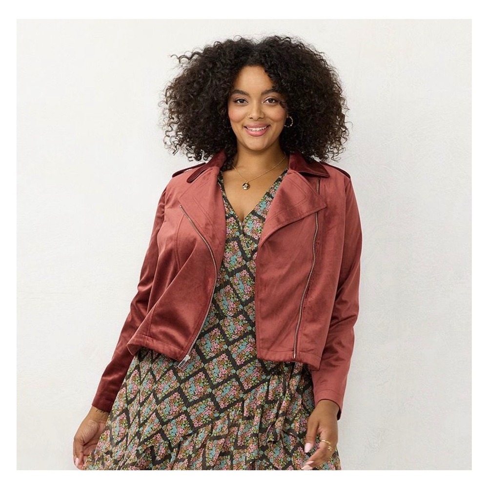 LC Lauren Conrad Womens Faux Suede Moto Jacket Burgundy Asymmetrical Zip Small